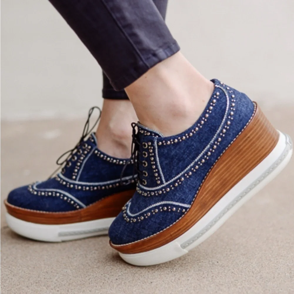 Miu Miu RARE DENIM PLATFORM Studded Wingtip Oxfords SNEAKERS  SHOES 7.5